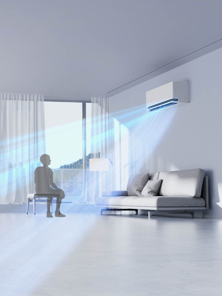 LG airconditioner met AI Air detecteert de kamertemperatuur en jouw locatie, en past de luchtstroom aan om de ingestelde temperatuur te behouden.