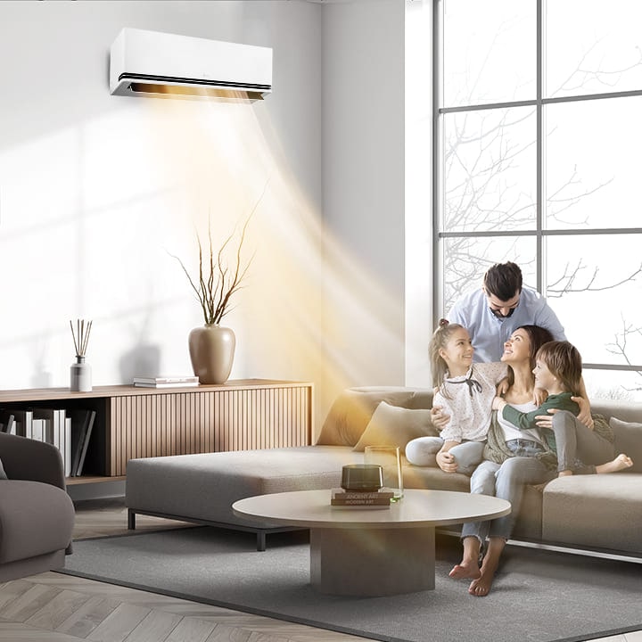 Warme lucht uit de warmtepomp zorgt voor een comfortabele woonkamer tijdens gezellige momenten samen.