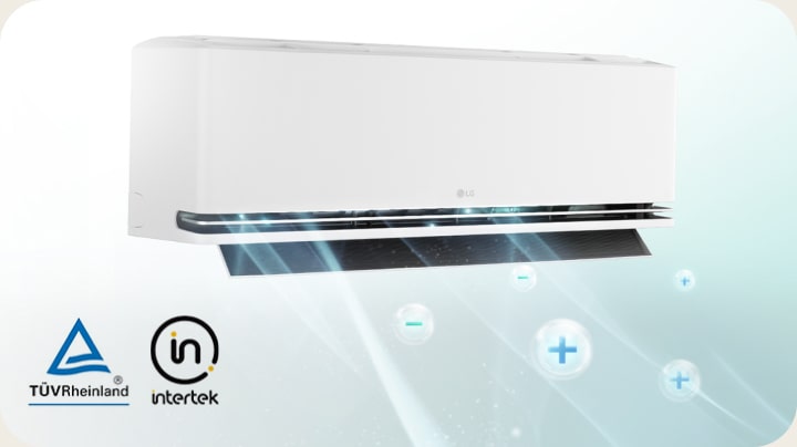 Witte wandgemonteerde airconditioner die de ionisatorfunctie toont, met de TÜV Rheinland- en Intertek-logo's.