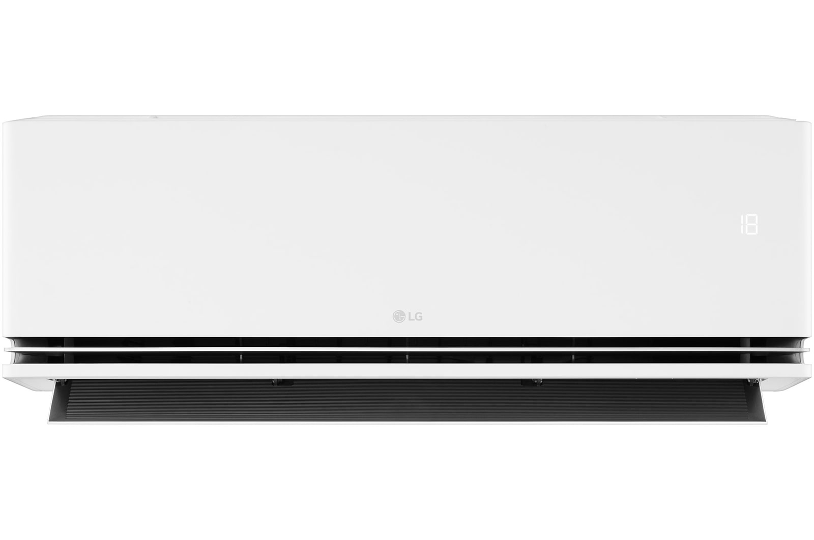 Vooraanzicht van een LG airconditioner met de onderste luchtklep geopend.