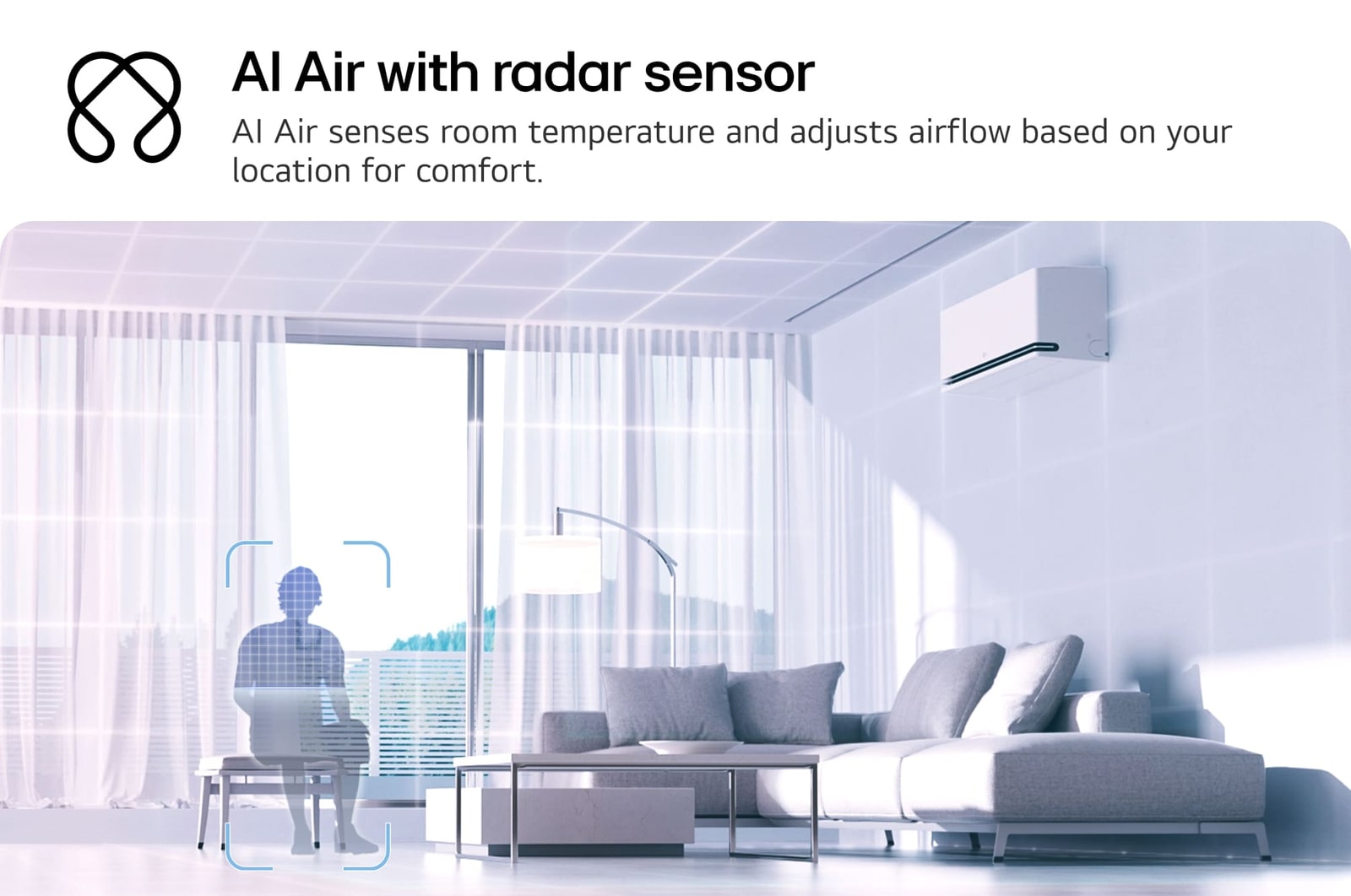 Illustratie van LG AI Air-technologie in een woonkamer met een wandgemonteerde airconditioner. Het systeem past de luchtstroom aan door de kamertemperatuur en de locatie van de gebruiker te detecteren. De begeleidende tekst luidt: ‘AI Air met radarsensor: AI Air detecteert de kamertemperatuur en past de luchtstroom aan op basis van jouw locatie voor optimaal comfort.’