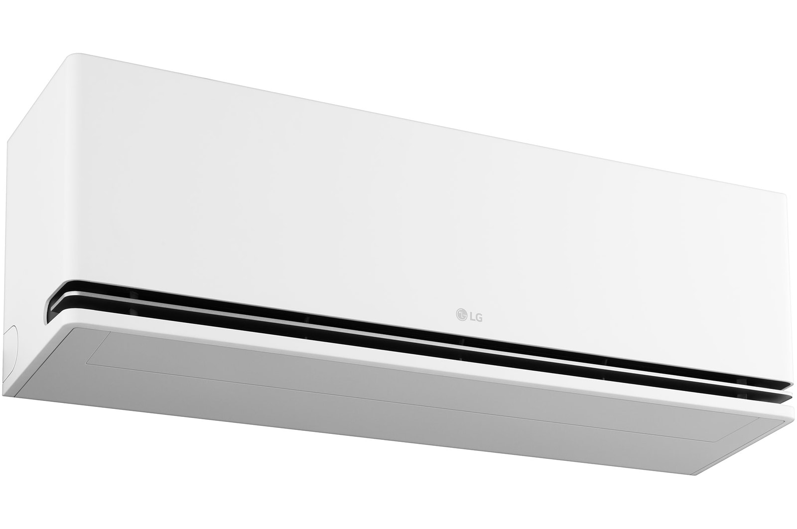 Linker vooraanzicht van onderaf van de LG AI airconditioner.