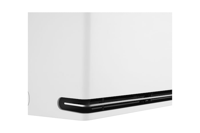 Close-up zijaanzicht van de LG AI airconditioner, waarbij de details van de luchtventilatie zichtbaar zijn.