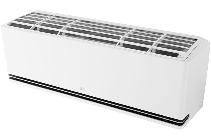 Schuin bovenaanzicht van de LG AI airconditioner, waarbij het bovenpaneel en de rooster zichtbaar zijn.
