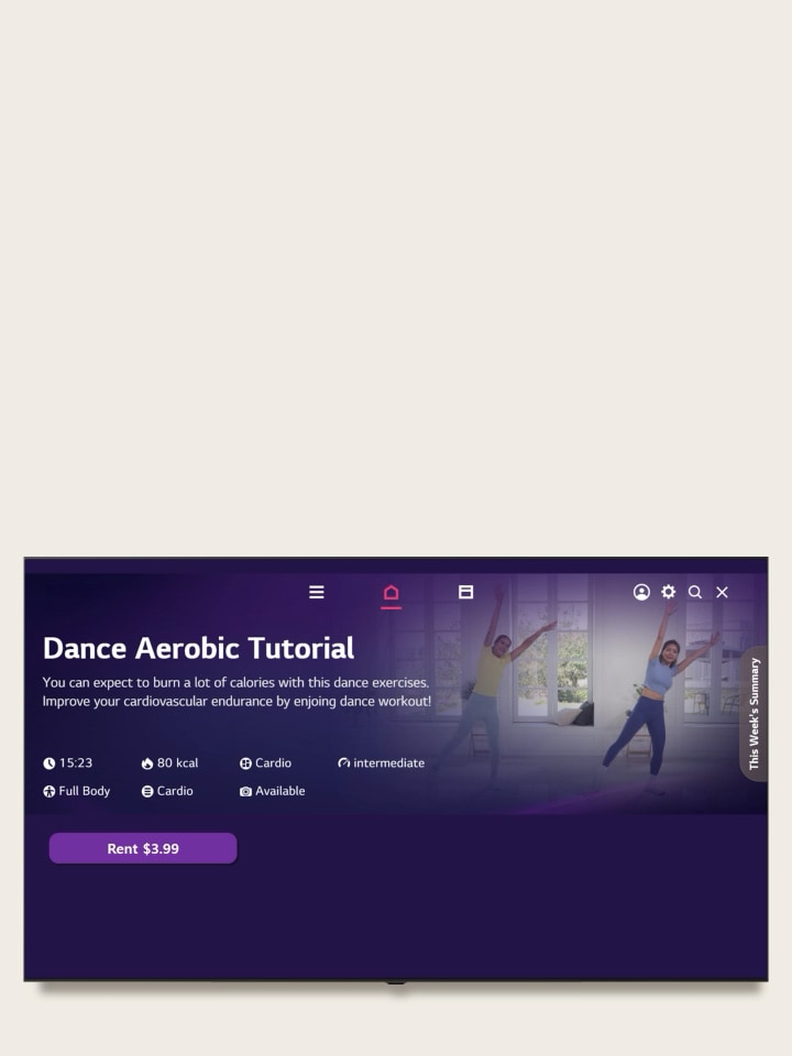 LG Smart TV met de webOS Pay-interface, die stap voor stap laat zien hoe je iets koopt, met de betaalmethode, het pincode-scherm en de aankoopbevestiging.