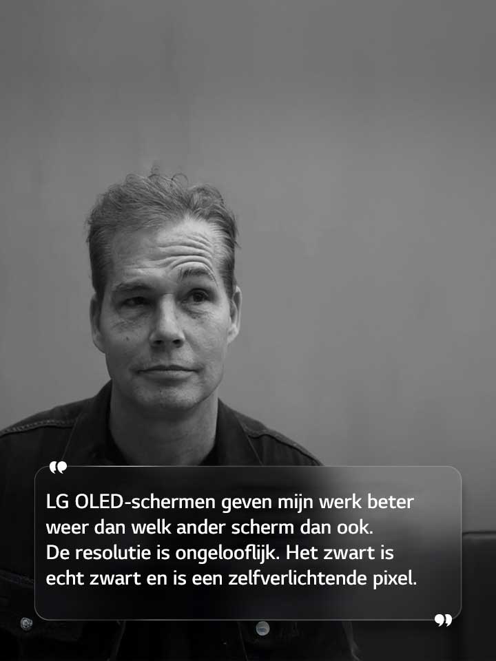 Interview met Shepard Fairey met de tekst: “LG OLED-schermen geven mijn werk beter weer dan welk ander scherm dan ook. De resolutie is ongelooflijk. Het zwart is echt zwart en is een zelfverlichtende pixel.”