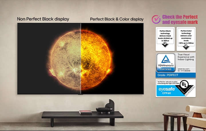 Een LG OLED TV toont een visuele vergelijking tussen een scherm met Perfecte kleur en Perfect zwart en een scherm zonder deze technologieën. De UL-, TUV- en eyesafe-certificeringen zijn zichtbaar met een tekst die aangeeft dat de markeringen moeten worden gecontroleerd.