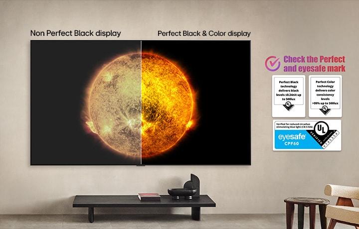 Een LG OLED TV toont een visuele vergelijking tussen een scherm met Perfecte kleur en Perfect zwart en een scherm zonder deze technologieën. De UL- en eyesafe-certificeringen zijn zichtbaar met een tekst die aangeeft dat de markeringen moeten worden gecontroleerd.