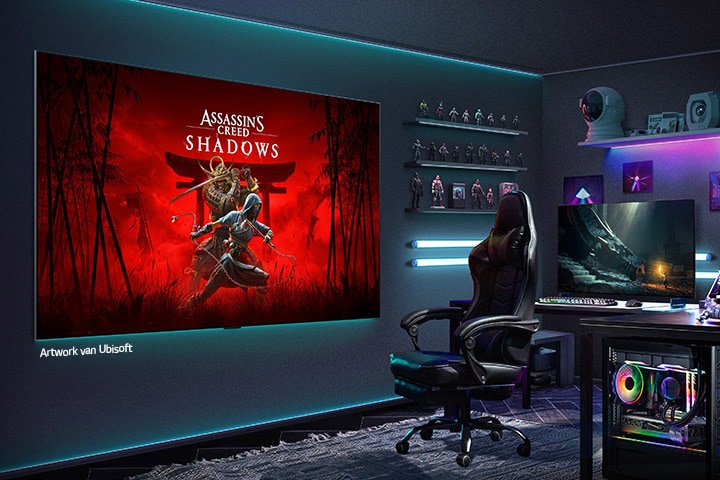 Er is een grote LG TV op de muur gemonteerd in een gamingruimte in huis. Op het scherm wordt artwork van Assassin's Creed Shadows weergegeven.
