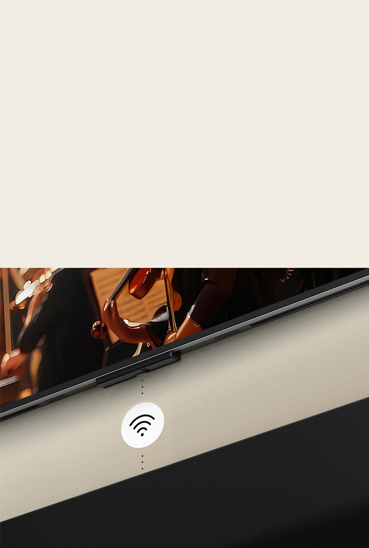 Close-up van een LG TV boven een LG Soundbar met een wifi-symbool erboven.