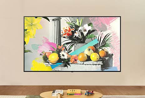 Het scherm van de LG TV geeft in heldere, goed verlichte ruimte een net zo helder kunstwerk weer, wat laat zien hoe de helderheid van het scherm wordt geoptimaliseerd voor kijken bij alle lichtomstandigheden.