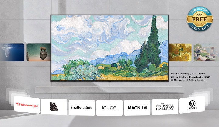 Aan de muur gemonteerde LG TV waarop een verscheidenheid aan content voorbijschuift, van klassieke kunst tot moderne kunst, 3D en meer. Ook de logo's van contentpartners worden getoond. Het gratis-label in de hoek geeft aan: gratis content, één maand.