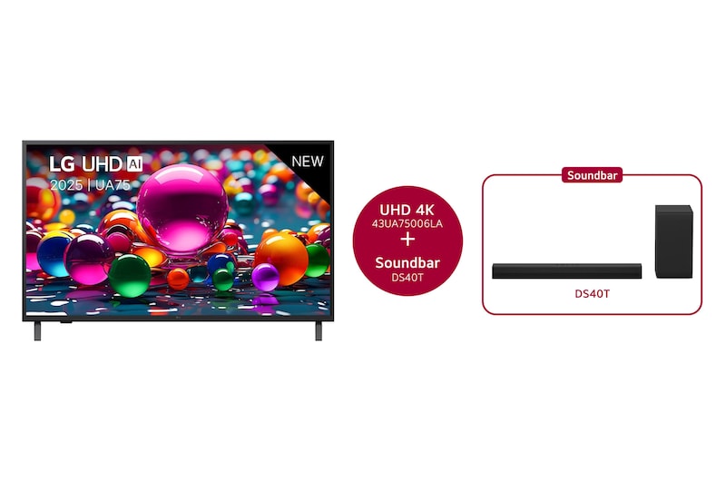 Vooraanzicht van 43 inch LG UHD AI UA75 4K Smart TV 2025 & DS40T 2.1 kanaal 43UA75006LA.DS40T