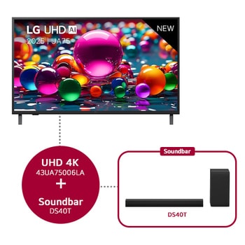 Vooraanzicht van UHD UA75 TV, LG UHD Al-logo in de bovenhoek. LG UHD TV brengt kleurrijke, schilderachtige texturen bij elkaar.