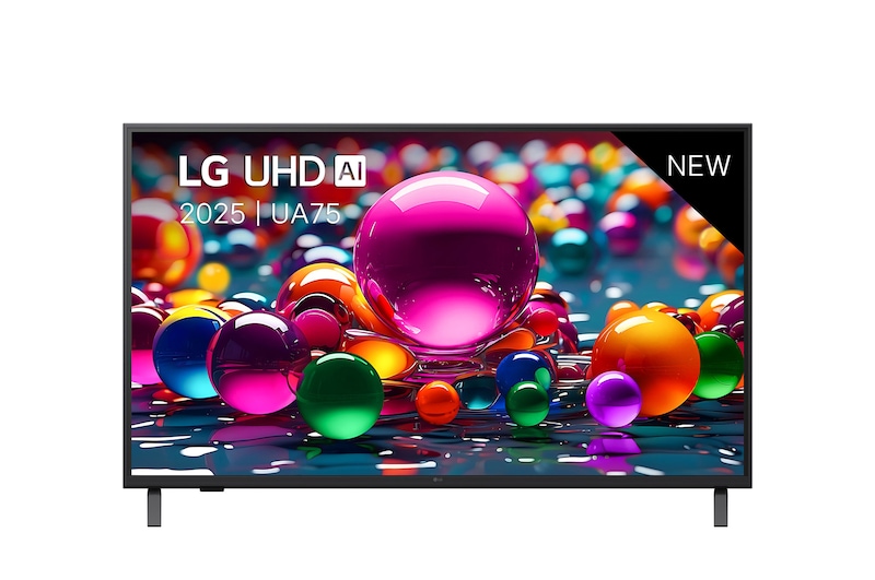 Vooraanzicht van UHD UA75 TV, LG UHD Al-logo in de bovenhoek. LG UHD TV brengt kleurrijke, schilderachtige texturen bij elkaar.