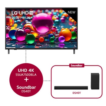 Front view of UHD UA75 TV, LG UHD Al Logo on the top corner. LG UHD TV depicts colorful paintike textures coming together.