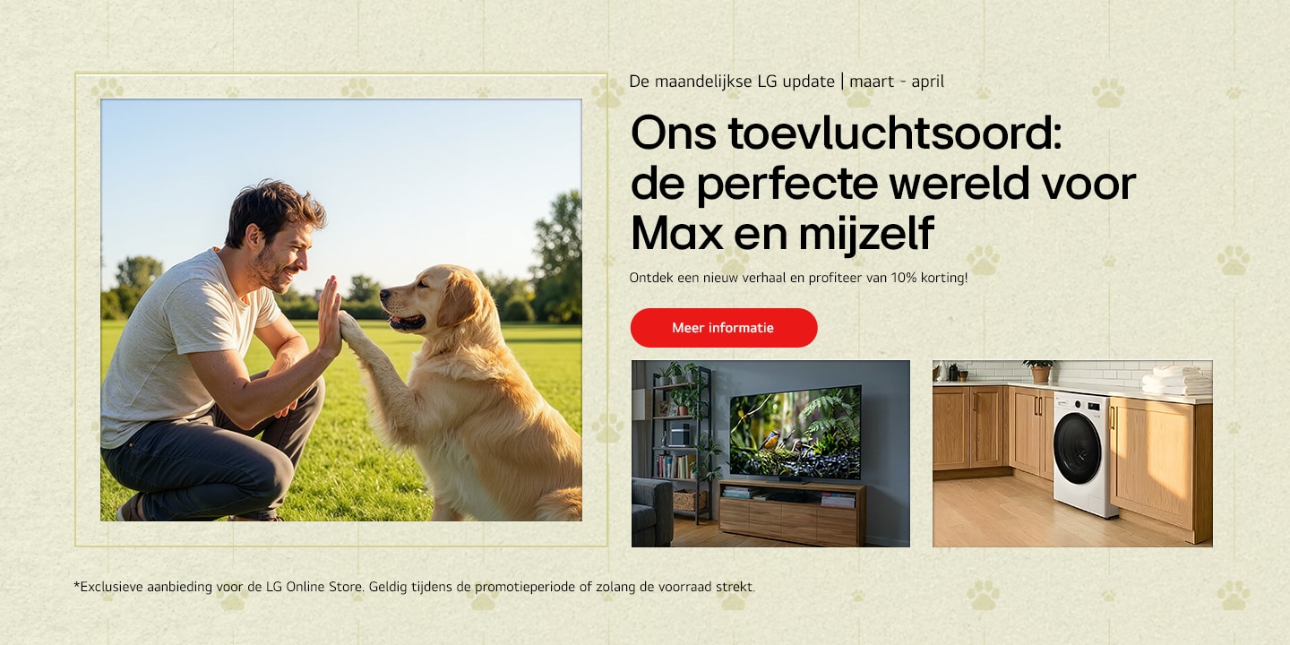 Een lifestyle key visual met alledaagse thuisroutines met LG-apparaten