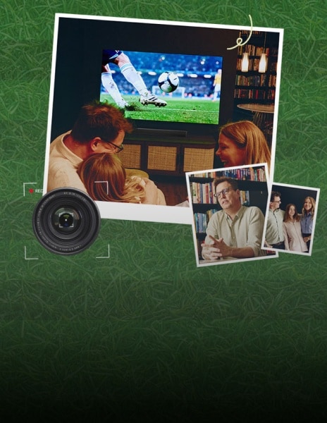 Een familie die geniet van het kijken naar een voetbalwedstrijd op een grote TV, een cameraregistratie van een interviewscène en een cameralens.