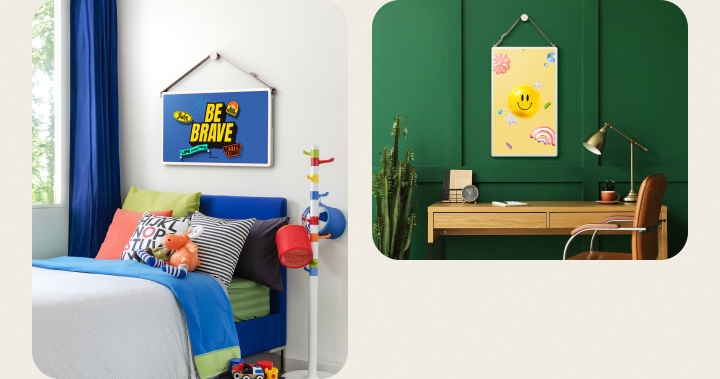 Verschillende woonruimtes met LG StanbyME 2 schermen aan de muur. De inhoud van kunstposters staat op de schermen.