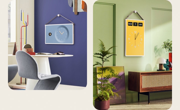 Verschillende woonruimtes met LG StanbyME 2 schermen. Op de schermen worden verschillende themaklokken en kalenders weergegeven.