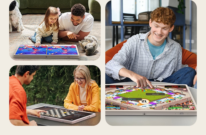 Drie afbeeldingen van StanbyME 2 gebruikt voor verschillende bordspellen in een moderne leefruimte door drie verschillende partijen.