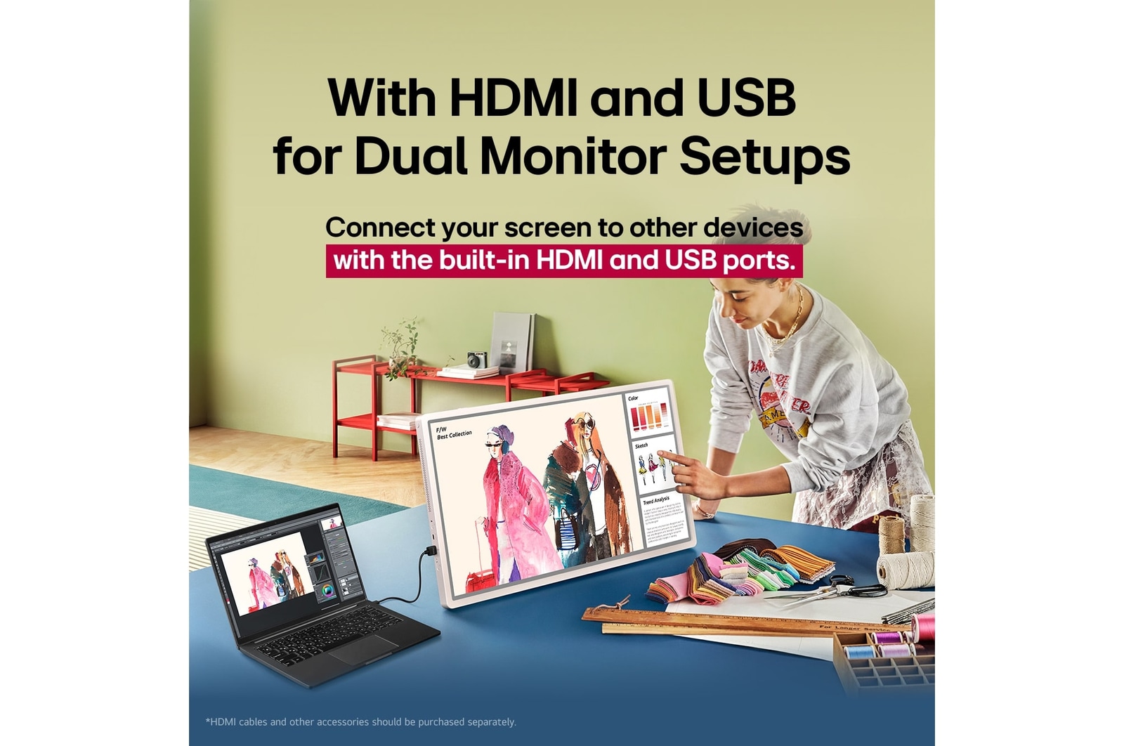 LG StanbyME 2. Een hand die interactie heeft met het aanraakscherm dat gebruiksgemak aangeeft. De tekst gaat over het eenvoudig kunnen verbinden van je scherm met andere apparaten.