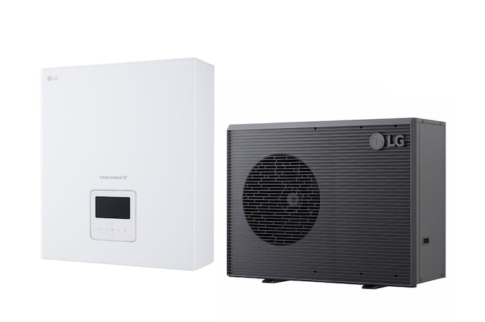 LG lucht naar water warmtepomp THERMA V, buiteneenheid met een zwarte kleur met grijs golvend rooster