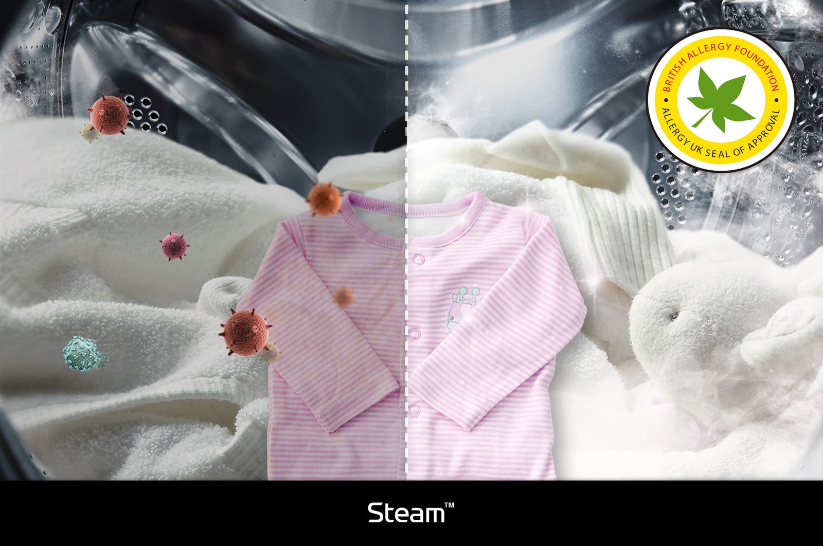 LG's Steam™-technologie in de F4WR9513S2W-wasmachine, die de werking op het verminderen van allergenen toont, gecertificeerd door de BAF.