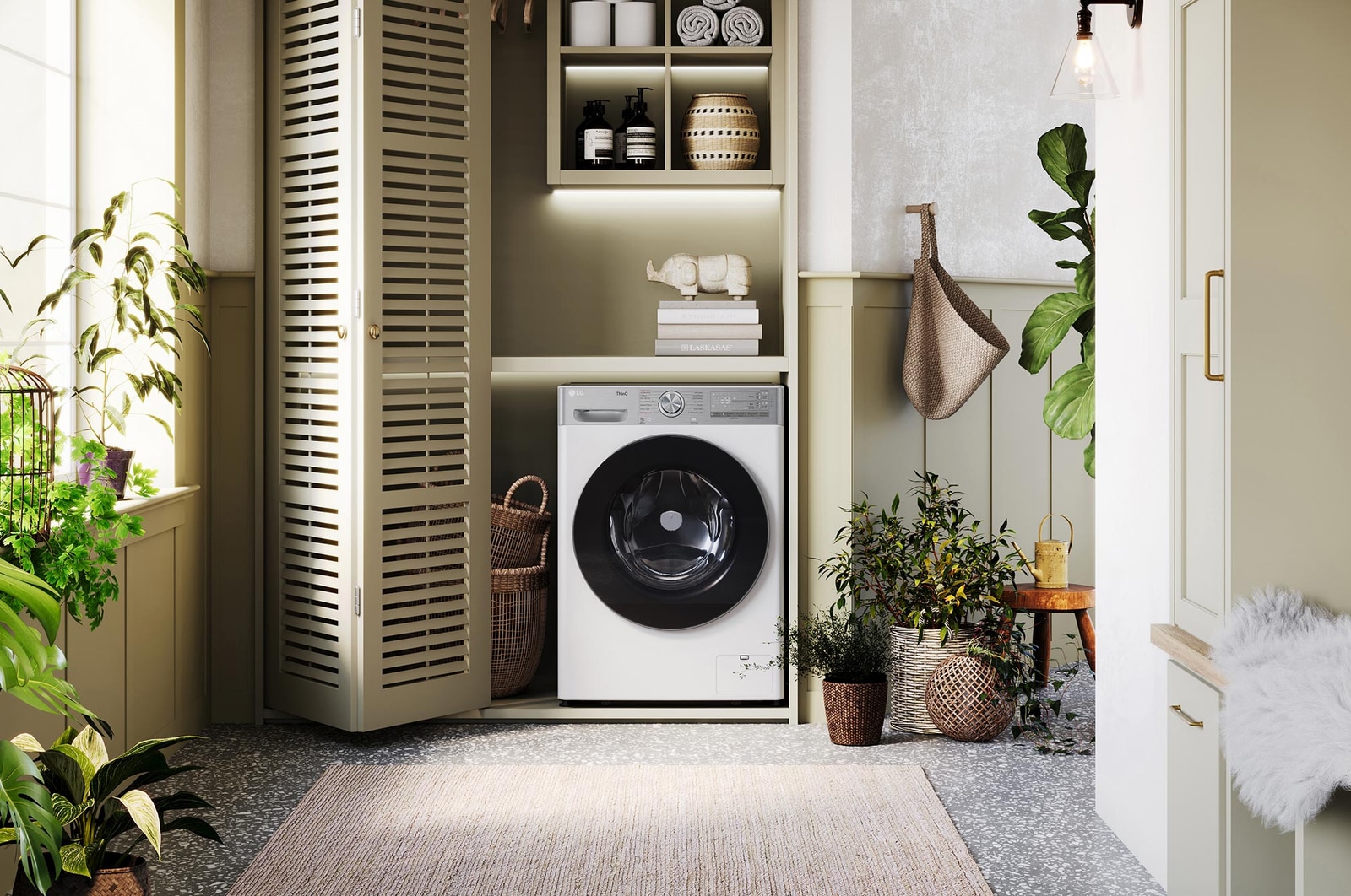De witte LG 13 kg wasmachine F4WR9513S2W met zijn strakke design, netjes geïnstalleerd onder het aanrecht van een moderne wasruimte.