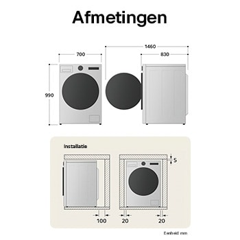 Technische tekening LG wasmachine: B 700, H 850, D 830 mm (deur open 1460 mm), incl. installatieruimte.