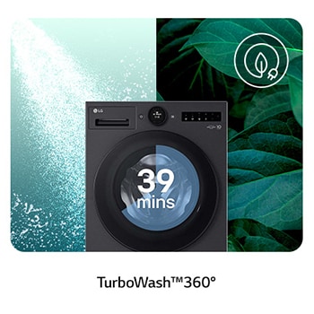De LG 11 kg wasmachine F4WX801YB in Matte Black, met TurboWash®360°-technologie voor een grondige wasbeurt in slechts 39 minuten.
