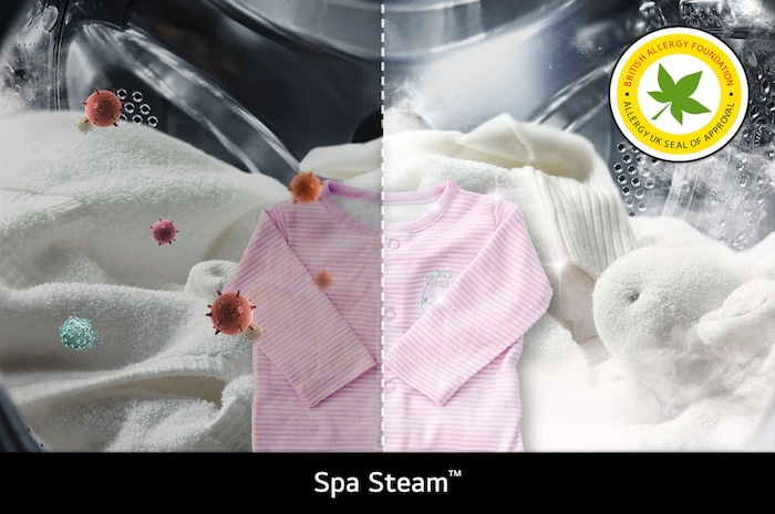 LG's Steam™-technologie in de W4X1085NWB-wasmachine, die de werking op het verminderen van allergenen toont, gecertificeerd door de BAF.