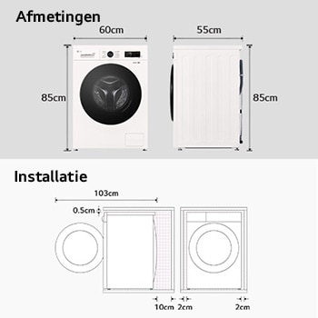 Afmetingengrafiek LG wasmachine: B 60, H 85, D 55 cm (deur open 103 cm), incl. installatieruimte.