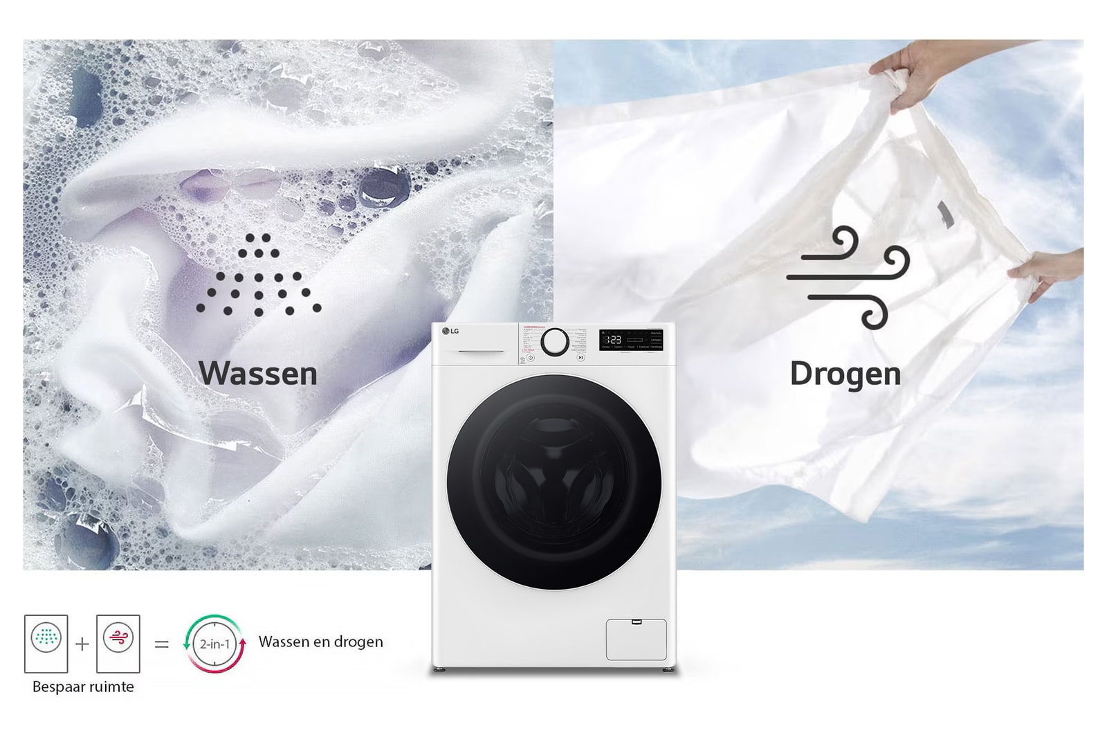 De witte LG was-droogcombinatie GD3R509S0, met 9kg was- en 6 kg droogcapaciteit, die de 2-in-1-functionaliteit illustreert.