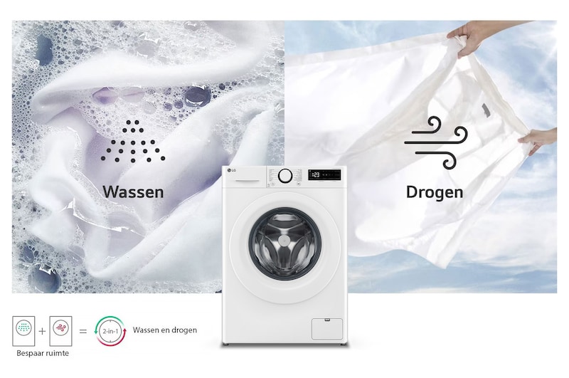 De witte LG was-droogcombinatie F4DR3096N3W, met 9kg was- en 6 kg droogcapaciteit, die de 2-in-1-functionaliteit illustreert.