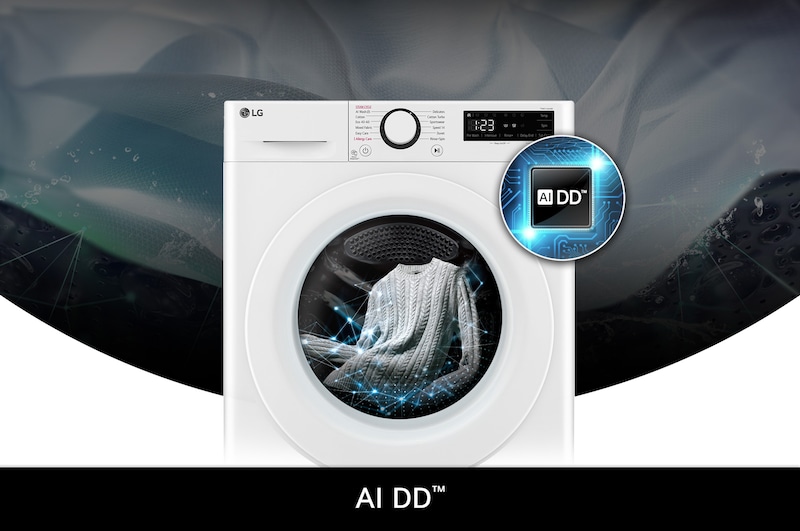 LG 9kg wasmachine F4DR3096N3W in het wit, met AI DD®-technologie die op intelligente wijze de stof detecteert voor een optimale wasverzorging.