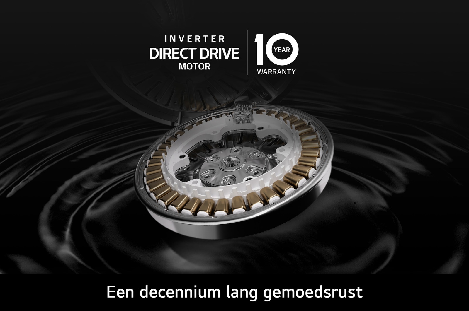 Close-up van de Inverter Direct Drive™-motor in de LG F4DR9537S2W wasmachine, met de nadruk op het duurzame ontwerp en 10 jaar garantie.