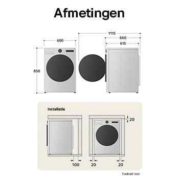 Technische tekening van de LG droger: B 600, H 850, D 615 mm (deur open 1115 mm), incl. installatieruimte.