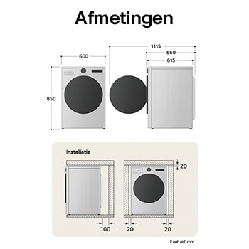 Technische tekening van de LG droger: B 600, H 850, D 615 mm (deur open 1115 mm), incl. installatieruimte.