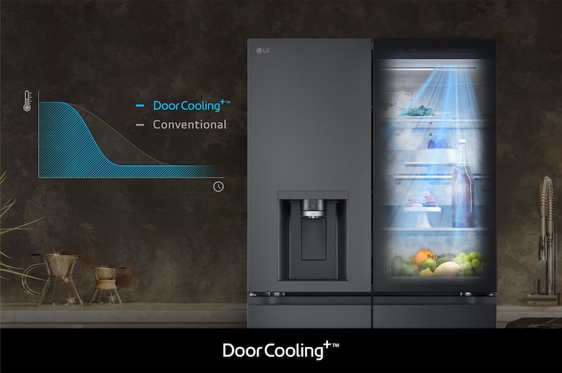 LG French Door Koelkast GMG960EVEE demonstreert **DoorCooling+™**: grafiek en visueel effect tonen snellere, gelijkmatigere koeling, vooral in het deurgedeelte.