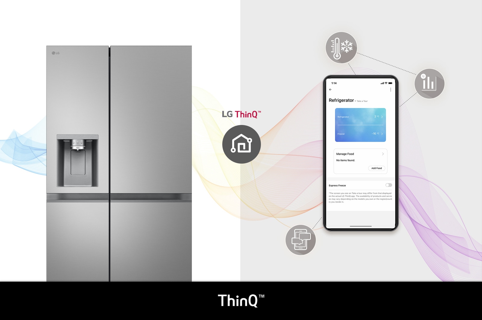 LG Side-by-Side Koelkast GSLE81PYBD toont de **LG ThinQ™ App** op een smartphone, waarmee de gebruiker de temperatuur en status van de koelkast op afstand kan bedienen.
