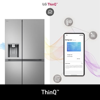 LG Side-by-Side Koelkast GSLE81PYBC toont de **LG ThinQ™ App** op een smartphone, waarmee de gebruiker de temperatuur en status van de koelkast op afstand kan bedienen.