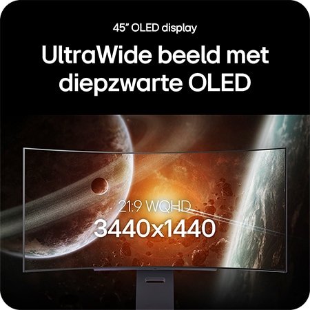 LG Monitor 45GX900A-B toont het 45-inch UltraWide OLED-scherm, met de 21:9 WQHD (3440x1440) resolutie en diepzwart OLED technologie voor verbluffende beelden.