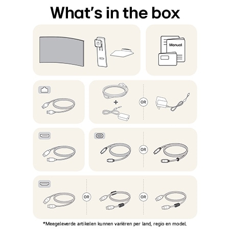 LG Monitor 45GX900A-B toont een overzicht van alle meegeleverde onderdelen, inclusief monitorbehuizing, standaardonderdelen, handleiding, stroomadapter en USB-C-, DP- en HDMI-kabels.