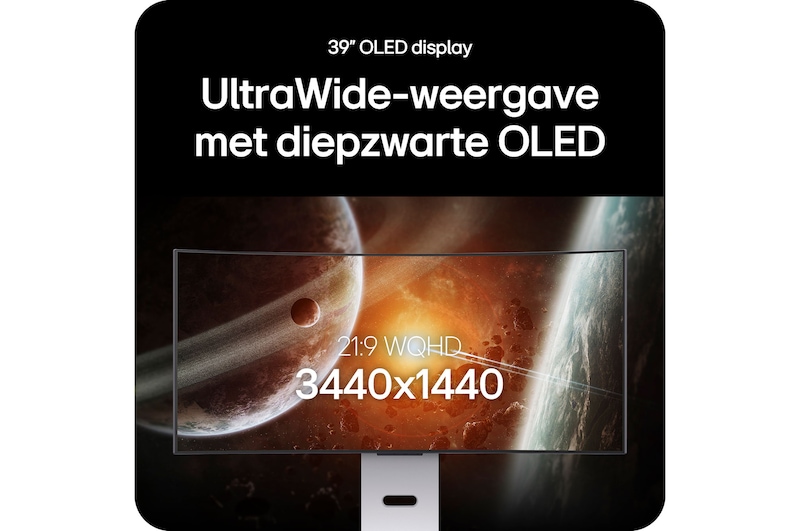 LG Monitor 39GX90SA toont het 39-inch UltraWide OLED-scherm, met de 21:9 WQHD (3440x1440) resolutie en diepzwart OLED technologie voor verbluffende beelden.