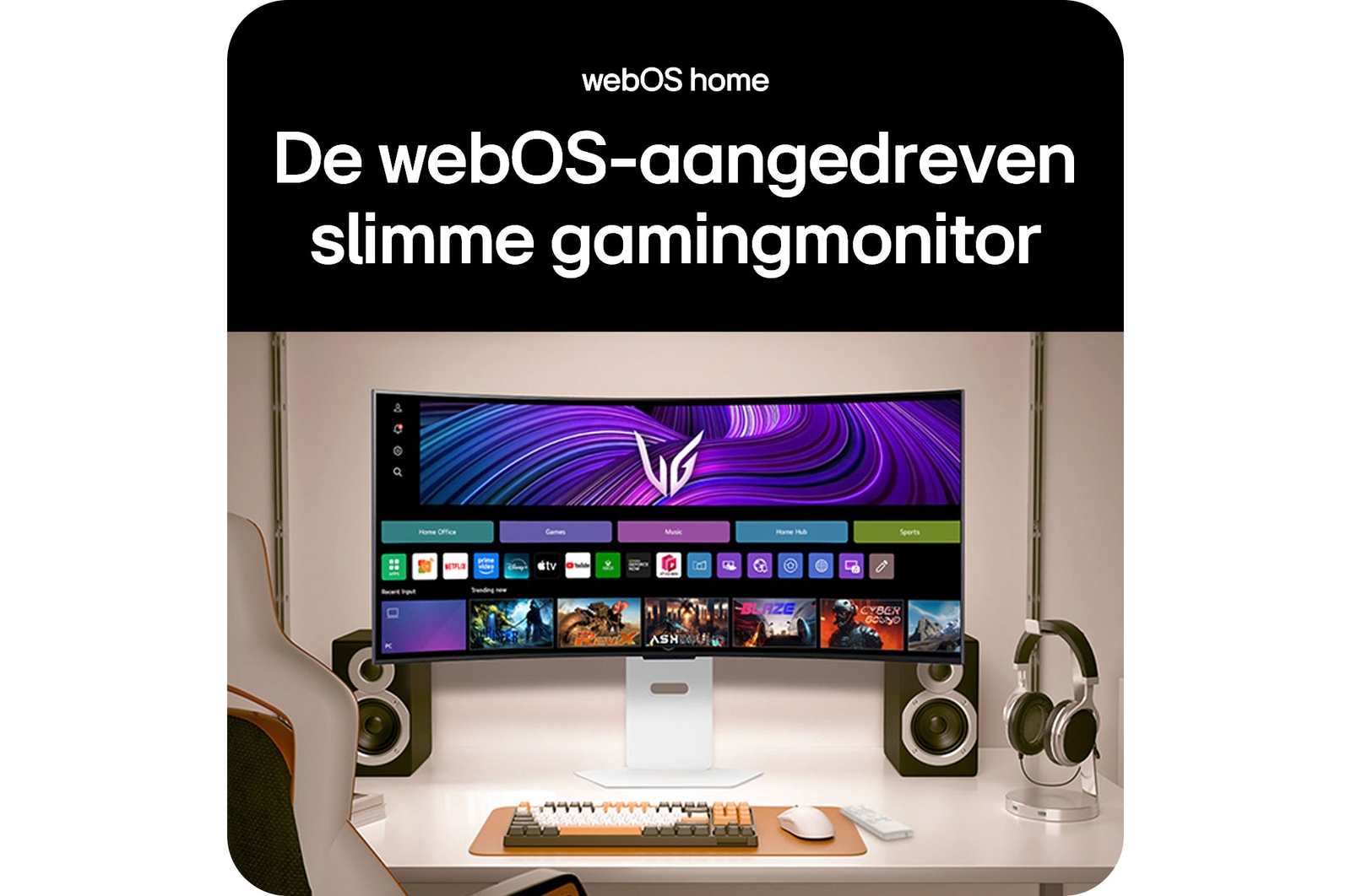 LG UltraGear Gaming Monitor 39GX90SA-W toont het webOS Home scherm met Smart TV-apps en afstandsbediening, de slimme gaming monitor.