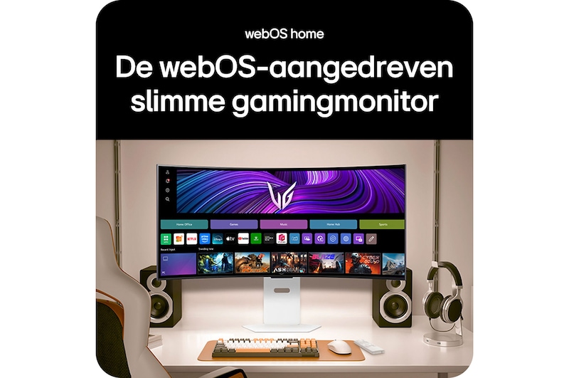 LG UltraGear Gaming Monitor 39GX90SA-W toont het webOS Home scherm met Smart TV-apps en afstandsbediening, de slimme gaming monitor.