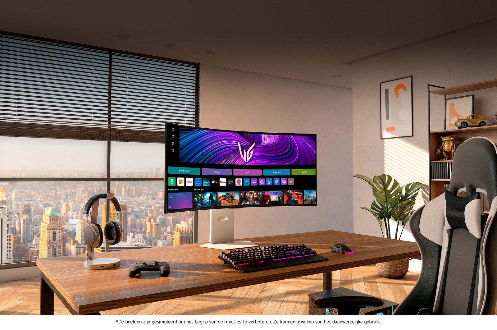 LG Monitor 39GX90SA in een witte uitvoering centraal op een modern bureau, toont de webOS-interface met gaming- en streaming-apps voor veelzijdig gebruik.