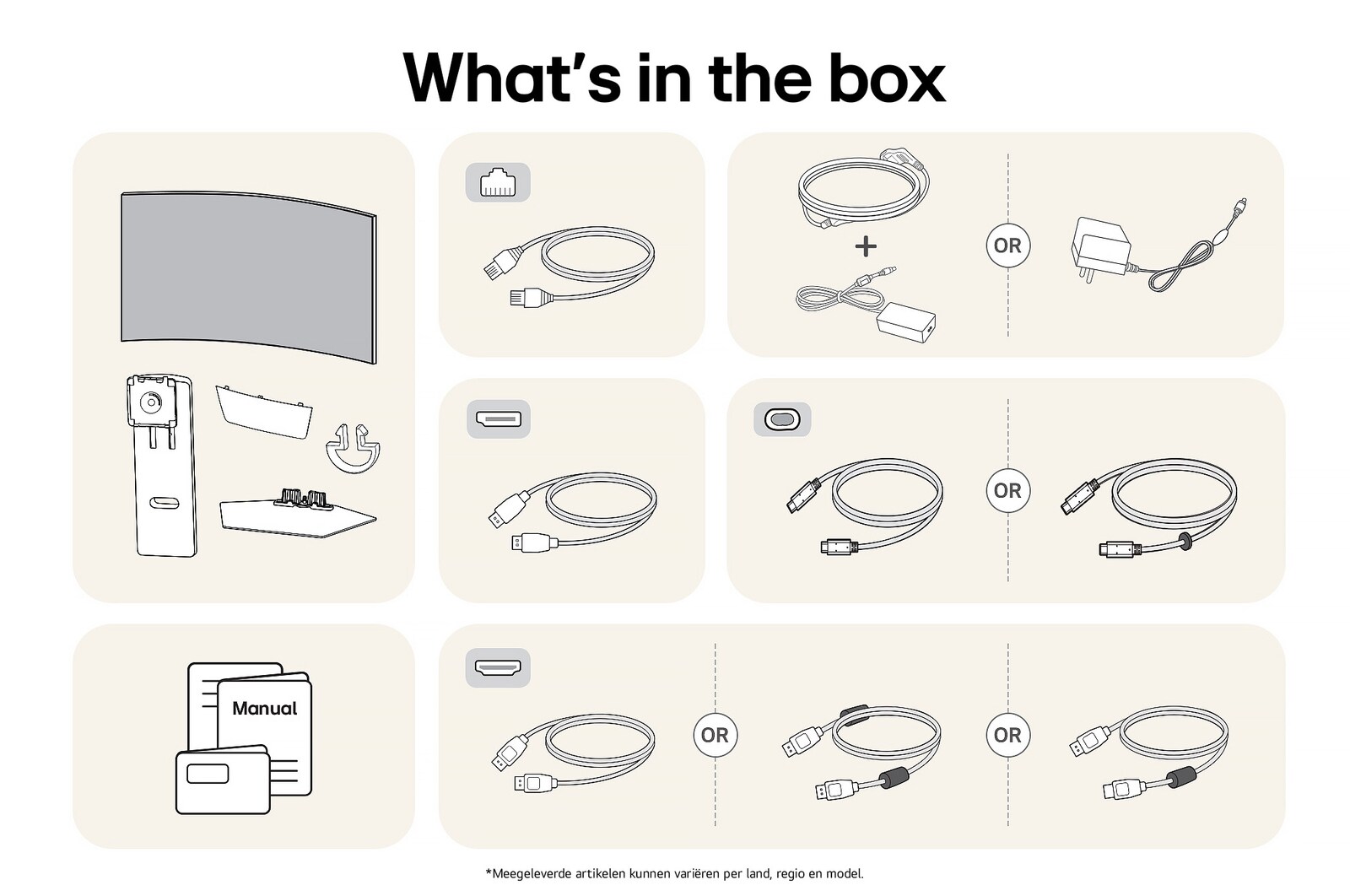LG Monitor 39GX90SA toont een overzicht van alle meegeleverde onderdelen, inclusief monitorbehuizing, standaardonderdelen, handleiding, stroomadapter en USB-C-, DP- en HDMI-kabels.