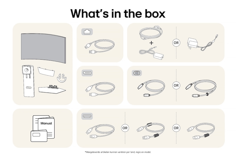 LG Monitor 39GX90SA toont een overzicht van alle meegeleverde onderdelen, inclusief monitorbehuizing, standaardonderdelen, handleiding, stroomadapter en USB-C-, DP- en HDMI-kabels.